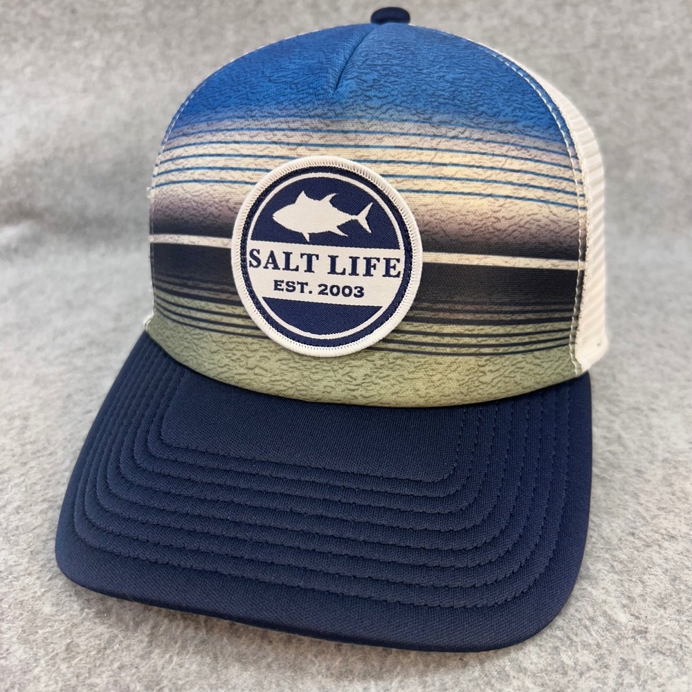 Salt LifeTuna Logo Patch Mens Blue Trucker Hat Snapback Mesh Sunset OSFM
